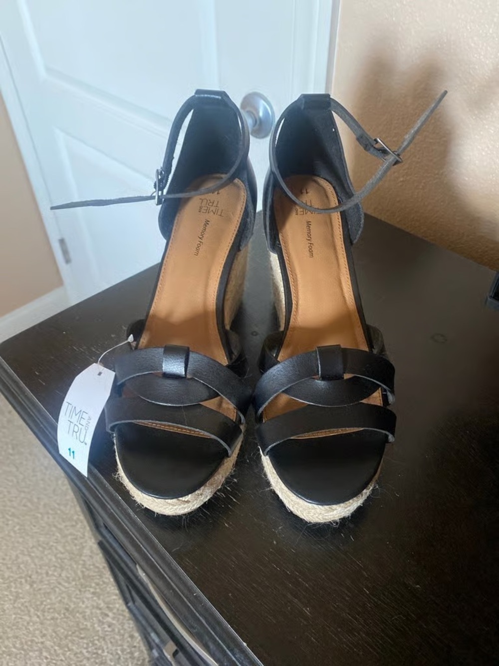 Time and Tru Black Espadrille Wedge Sandals with Ankle Strap